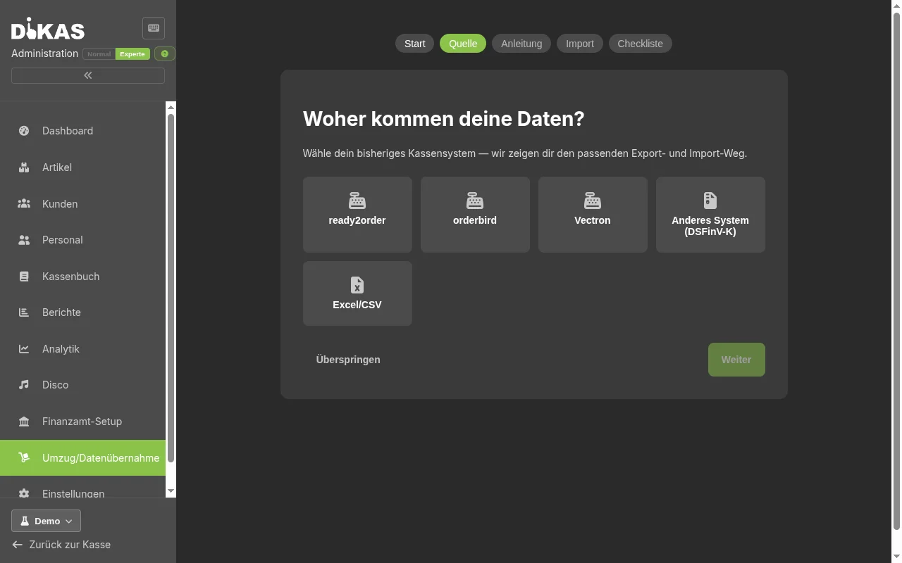 Der Umzugs-Assistent liest den DSFinV-K-Export Ihres bisherigen Systems ein und rekonstruiert Artikel, Steuersätze und Zahlarten.