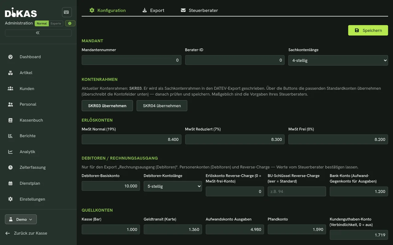 DATEV-Export in dikas Faktura für die Übergabe an die Steuerkanzlei