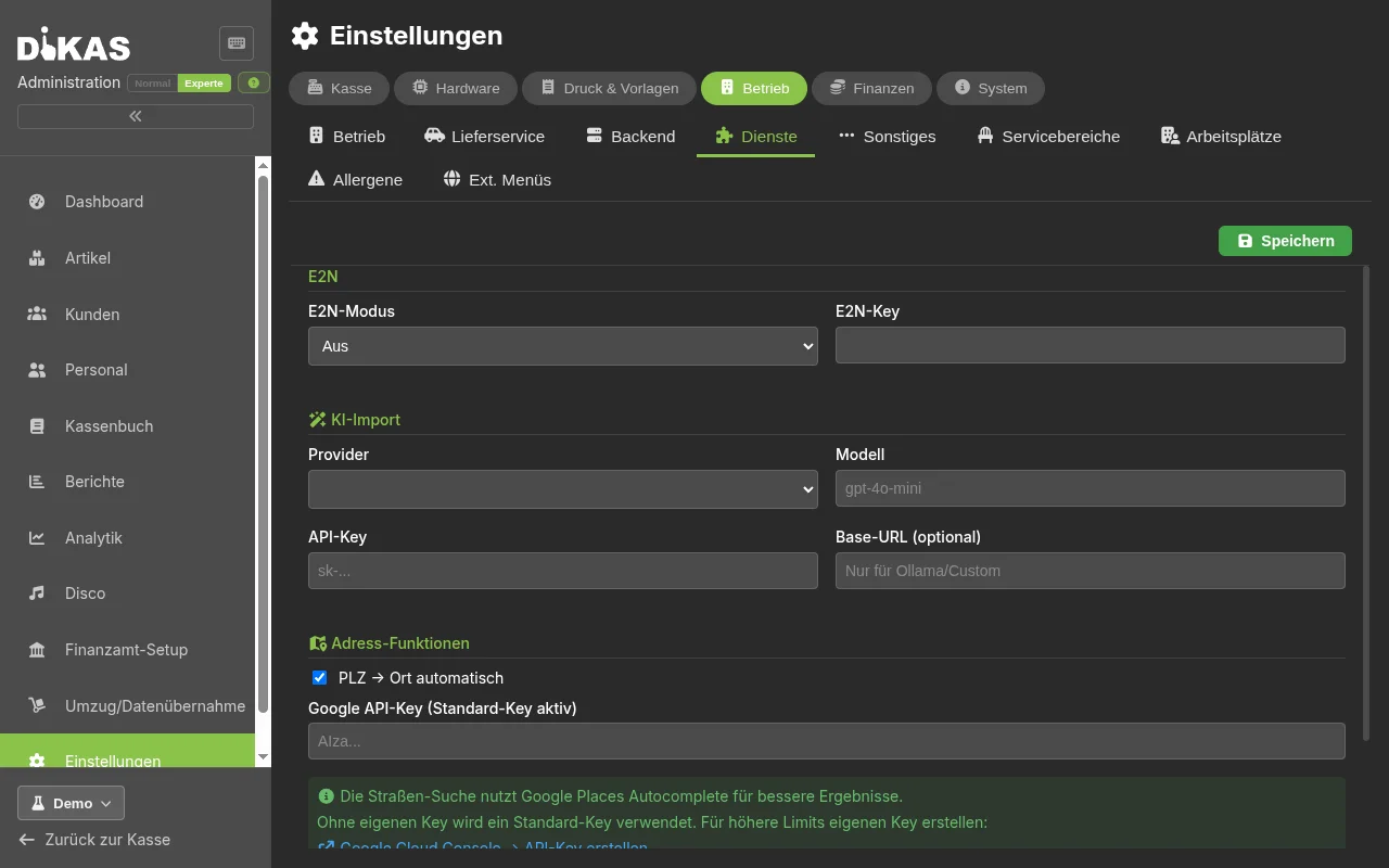 KI-Dienste in den DiKAS-Einstellungen
